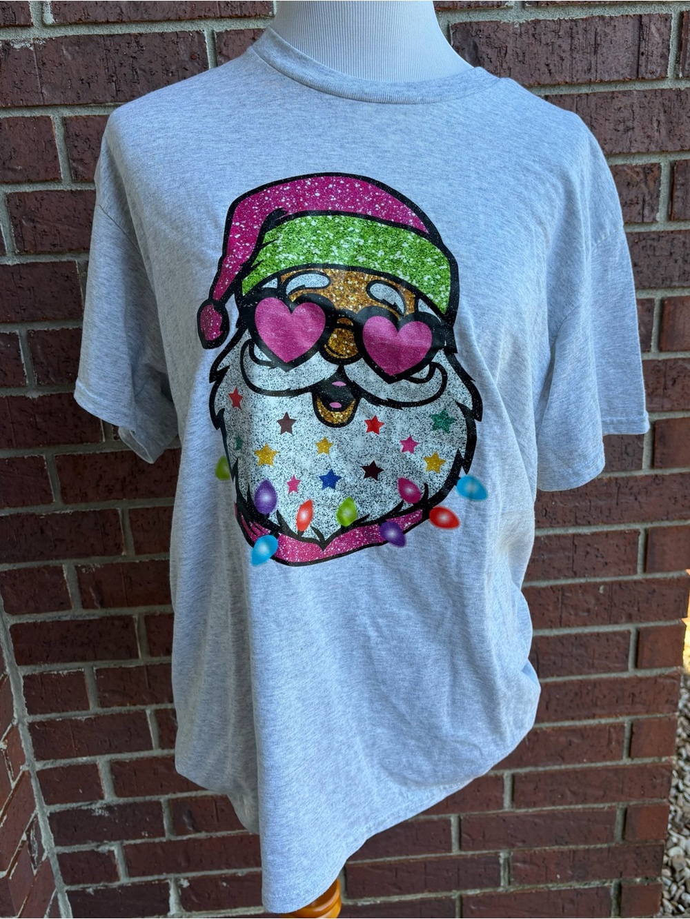 Girls' Light Gray Glitter Santa Graphic Short Sleeve Tee